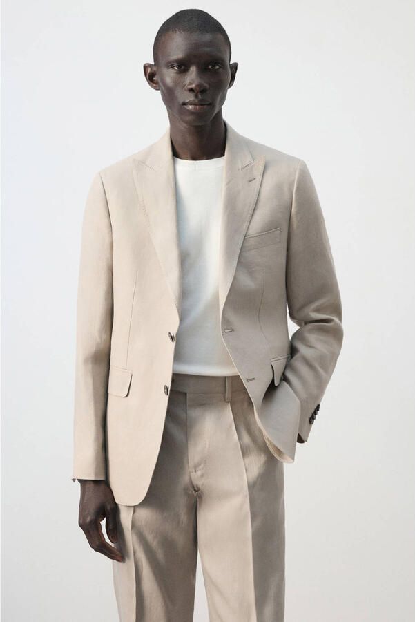 Mango Man colbert met linnen beige - Foto 2