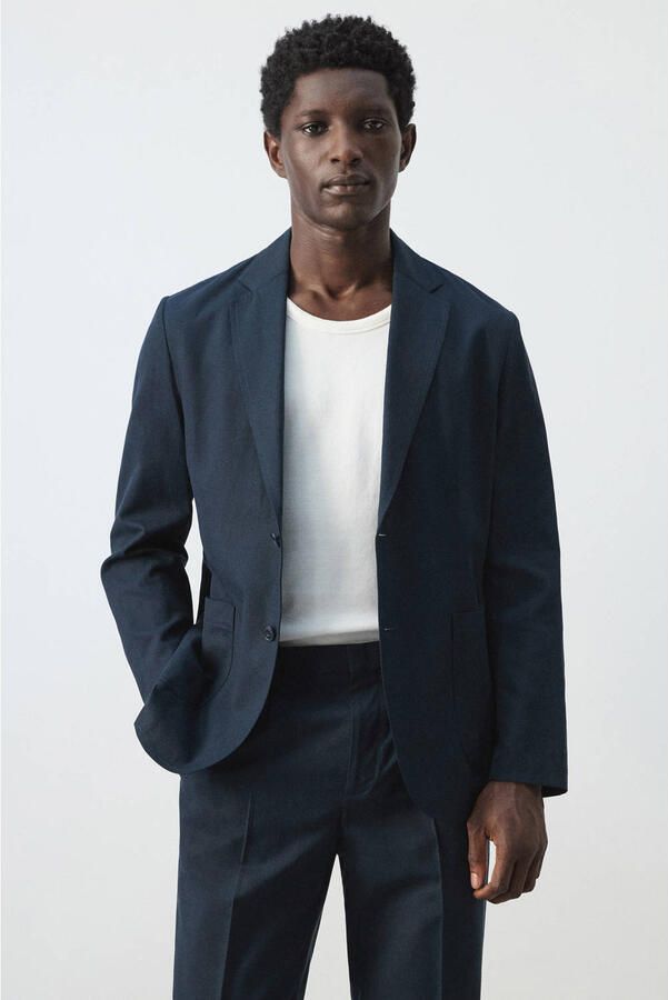Mango Man colbert met linnen donkerblauw