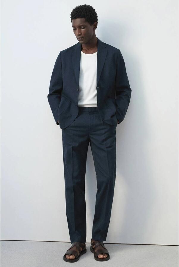 Mango Man colbert met linnen donkerblauw - Foto 2