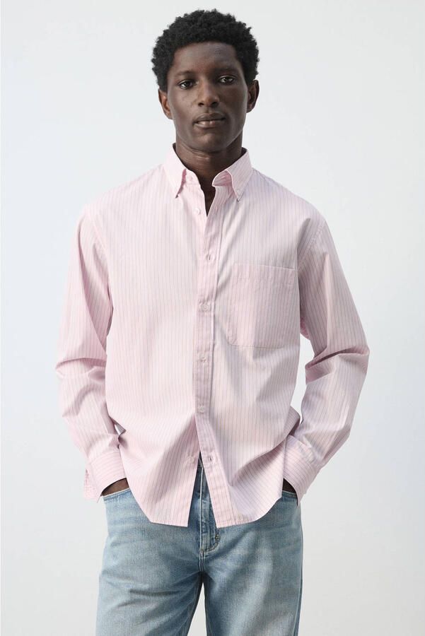 Mango Man comfort gestreepte casual overhemd roze