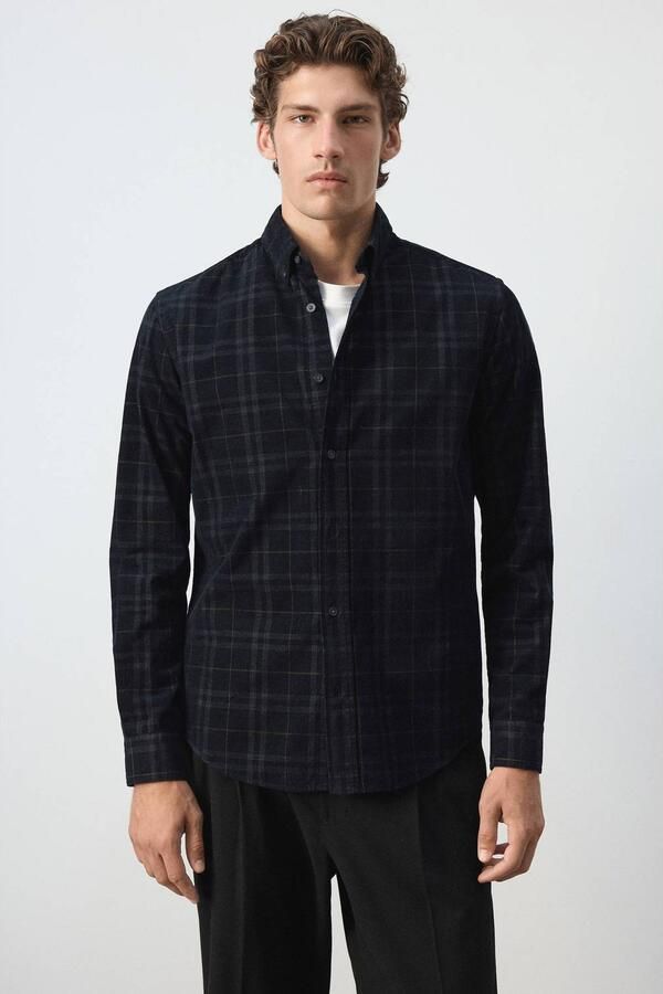 Mango Man corduroy regular fit geruit overhemd marine