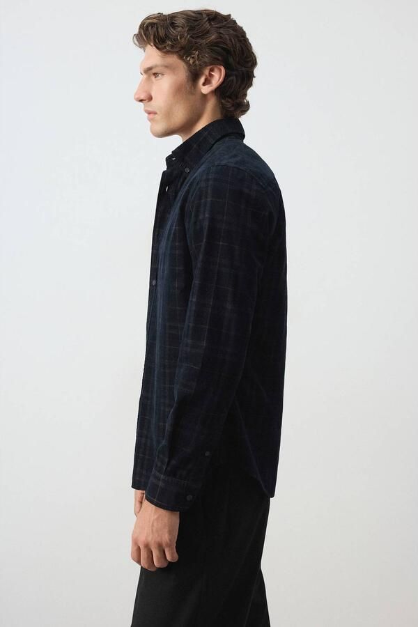 Mango Man corduroy regular fit geruit overhemd marine - Foto 3