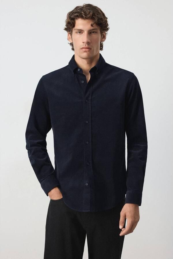 Mango Man corduroy regular fit overhemd donkerblauw