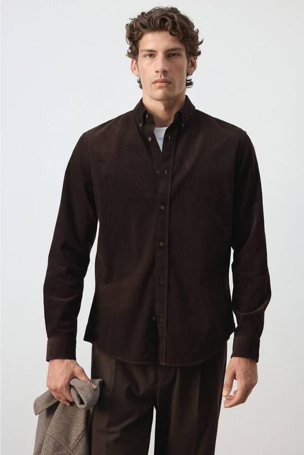 Mango Man corduroy regular fit overhemd donkerbruin