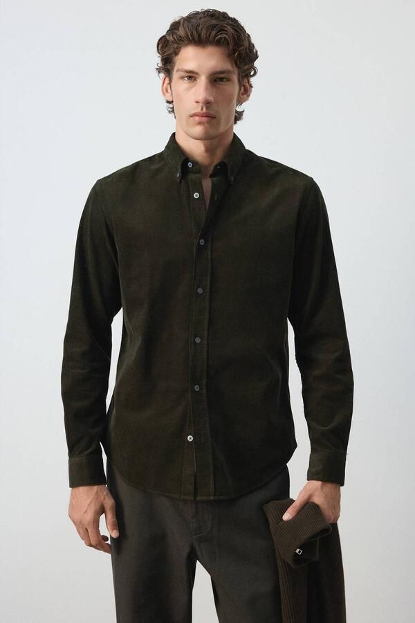 Mango Man corduroy regular fit overhemd donkergroen