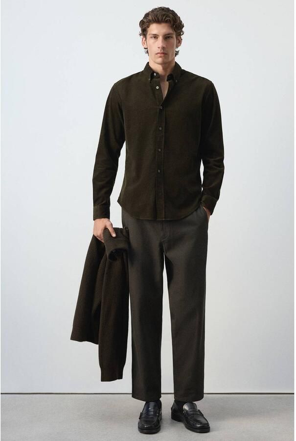 Mango Man corduroy regular fit overhemd donkergroen - Foto 2