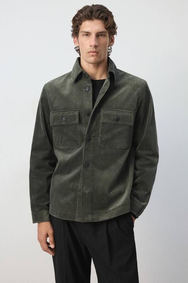 Mango Man corduroy regular fit overshirt donkergroen