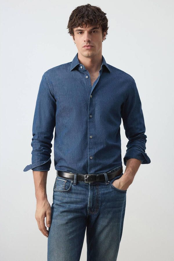 Mango Man denim slim fit casual overhemd donkerblauw