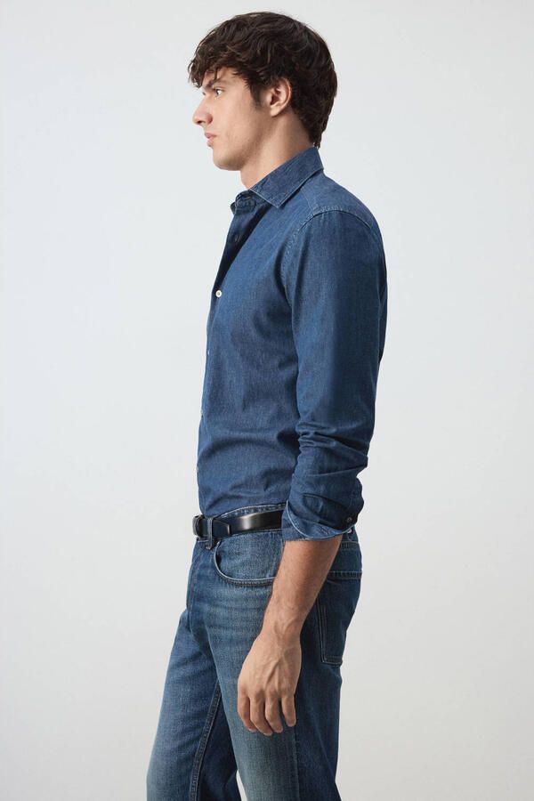 Mango Man denim slim fit casual overhemd donkerblauw - Foto 2