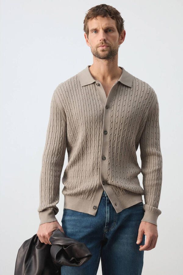 Mango Man gebreid vest met kabels beige