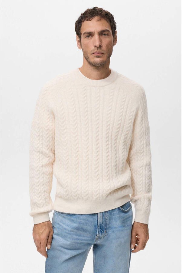 Mango Man gebreide trui met wol met kabels beige