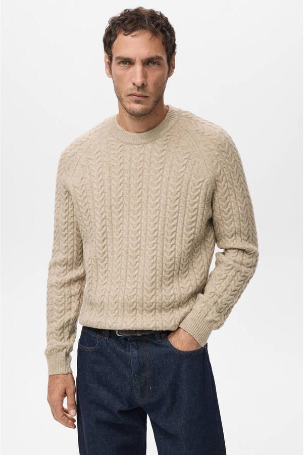 Mango Man gebreide trui met wol met kabels beige