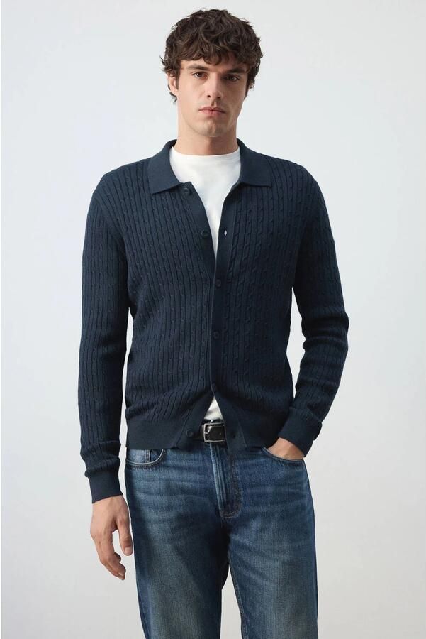 Mango Man gebreide vest met kabels marine