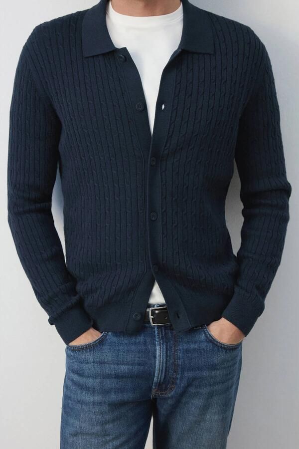 Mango Man gebreide vest met kabels marine - Foto 2