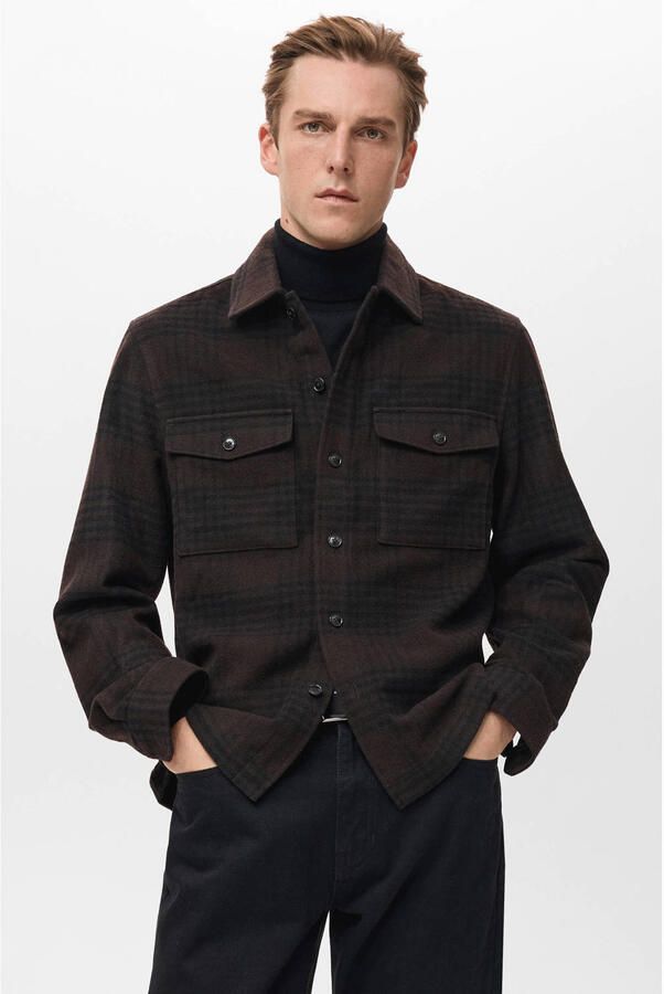 Mango Man geruit overshirt met wol bruin