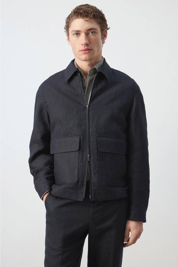 Mango Man jack met linnen donkerblauw