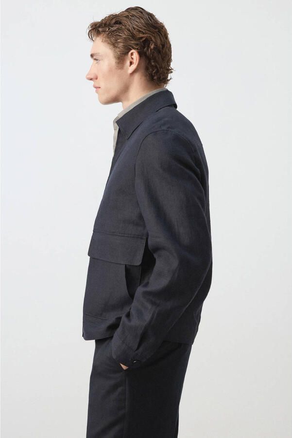 Mango Man jack met linnen donkerblauw - Foto 3