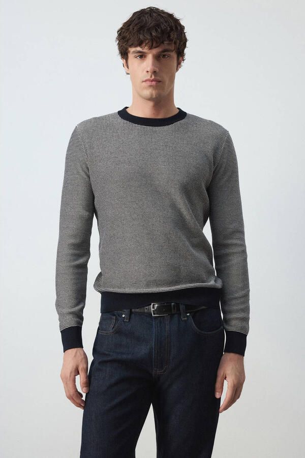 Mango Man katoenen regular fit gebreide geruite trui marine