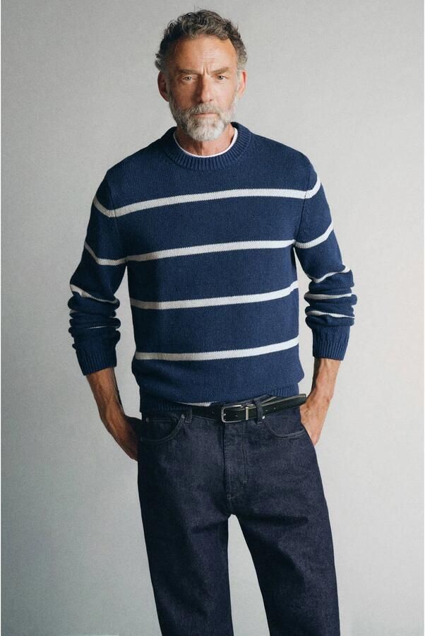 Mango Man katoenen relaxed fit gebreide gestreepte trui middenblauw