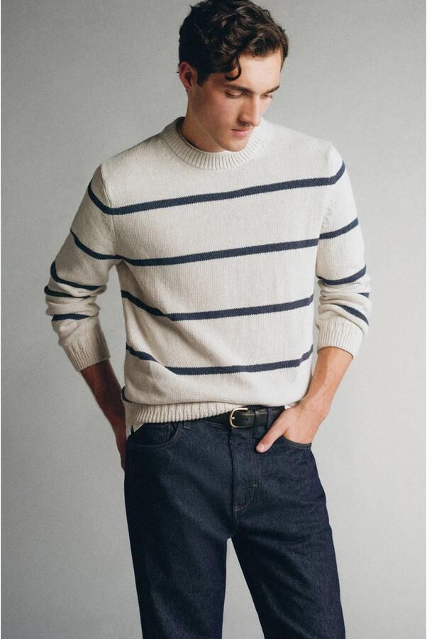 Mango Man katoenen relaxed fit gebreide gestreepte trui pastelgrijs