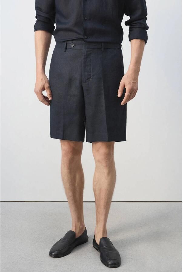Mango Man linnen regular fit chino short donkerblauw