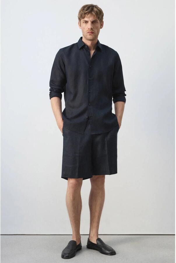 Mango Man linnen regular fit chino short donkerblauw - Foto 2