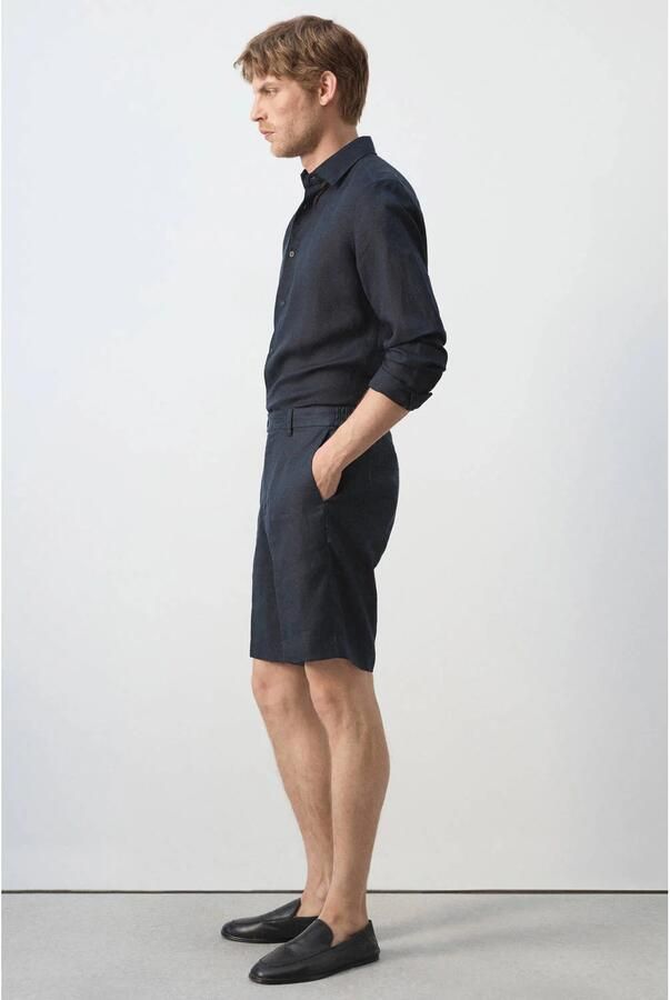 Mango Man linnen regular fit chino short donkerblauw - Foto 3