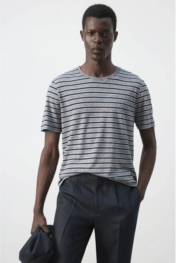 Mango Man linnen regular fit gestreept T-shirt donkerblauw