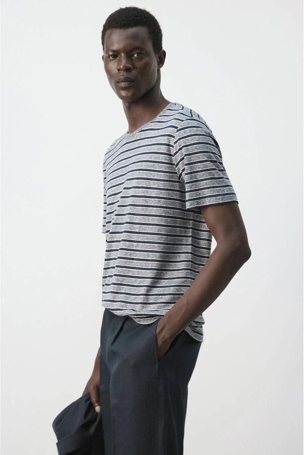 Mango Man linnen regular fit gestreept T-shirt donkerblauw - Foto 3