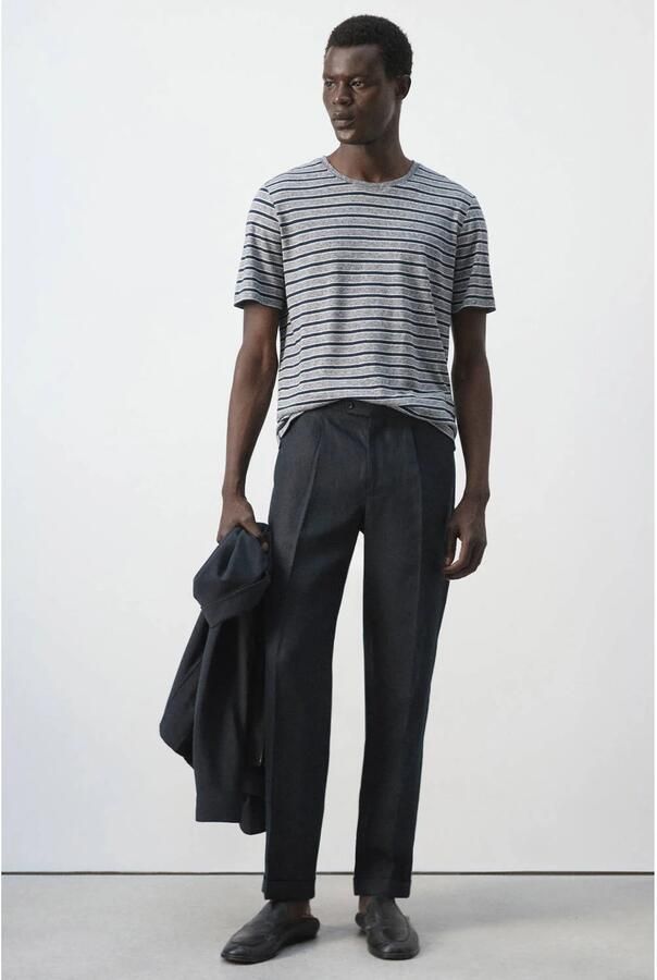Mango Man linnen regular fit gestreept T-shirt donkerblauw - Foto 2