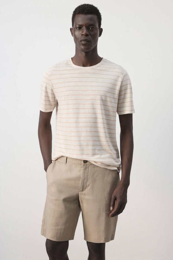 Mango Man linnen regular fit gestreept T-shirt lichtbeige