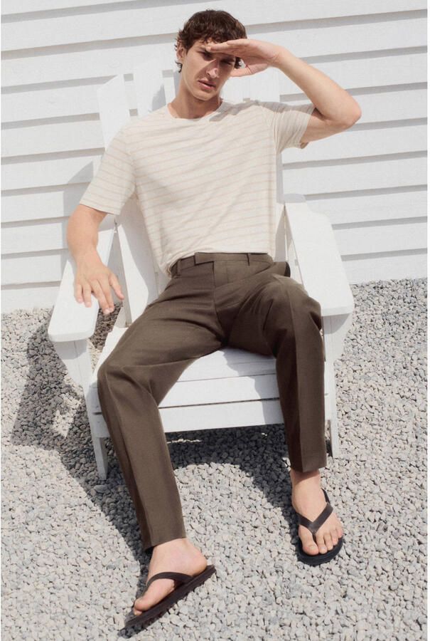 Mango Man linnen regular fit gestreept T-shirt lichtbeige - Foto 3