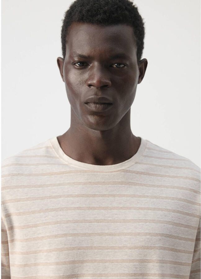 Mango Man linnen regular fit gestreept T-shirt lichtbeige - Foto 2