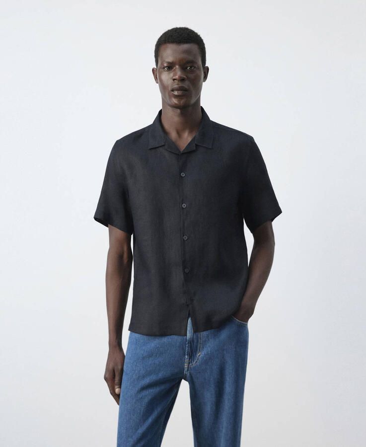 Mango Man linnen regular fit overhemd donkerblauw - Foto 2