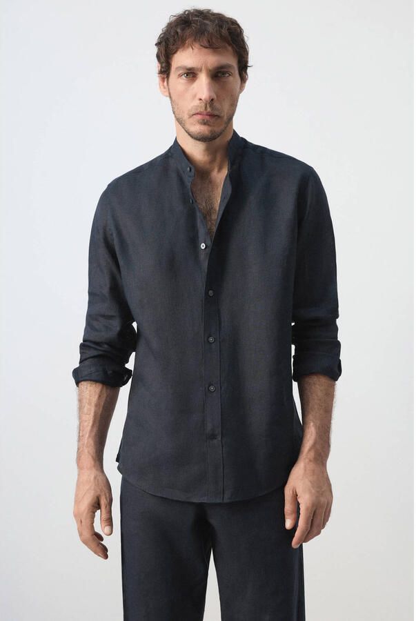Mango Man linnen regular fit overhemd marineblauw