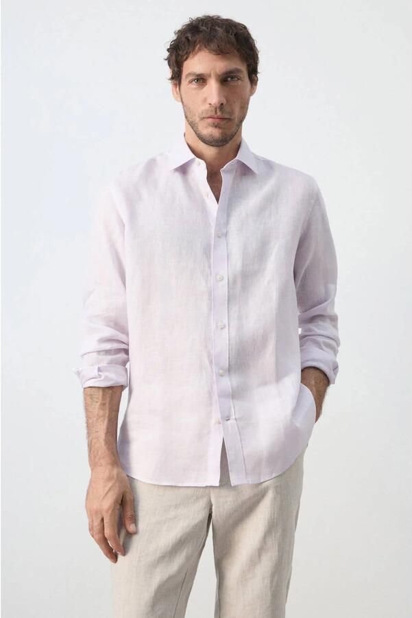Mango Man linnen regular fit overhemd pastelroze