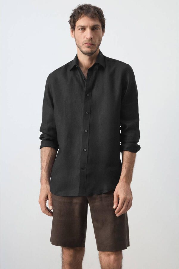 Mango Man linnen regular fit overhemd zwart