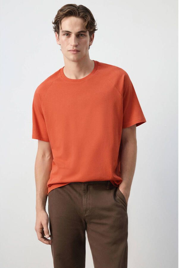 Mango Man linnen relaxed fit T-shirt middenroze