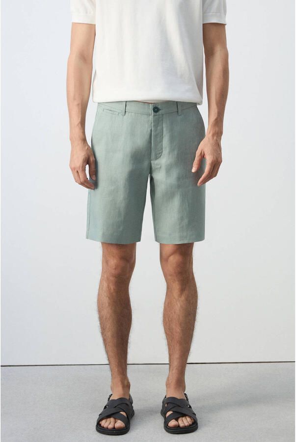 Mango Man linnen slim fit chino short heldergroen - Foto 3