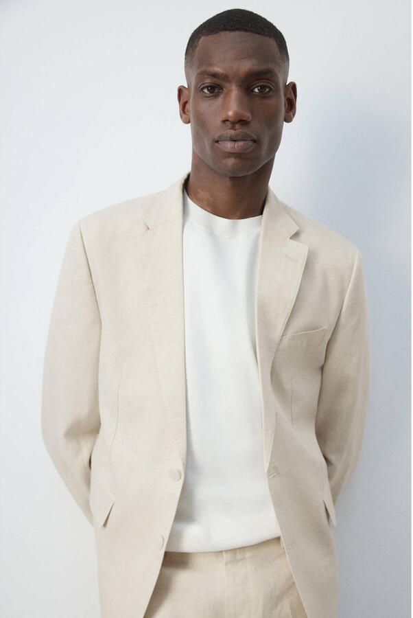 Mango Man linnen slim fit colbert lichtbeige - Foto 3