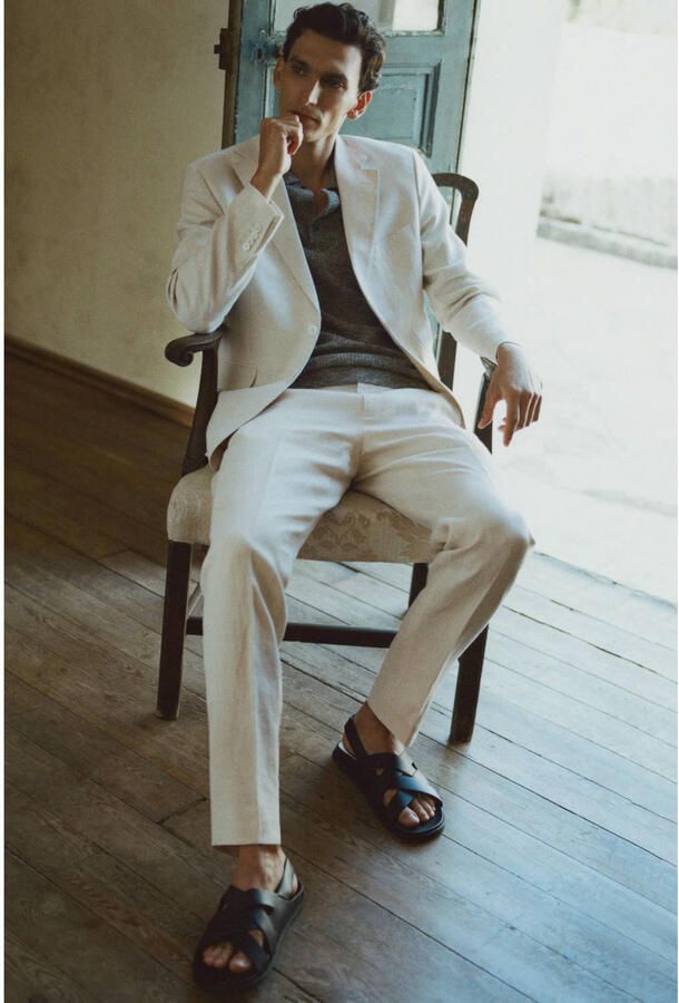 Mango Man linnen slim fit colbert lichtbeige - Foto 3