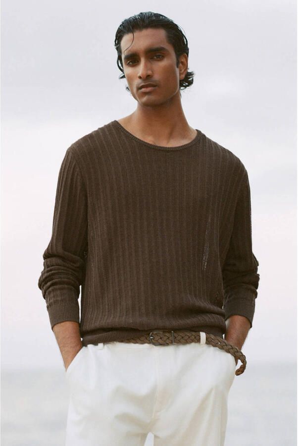 Mango Man linnen slim fit gebreide trui bruin