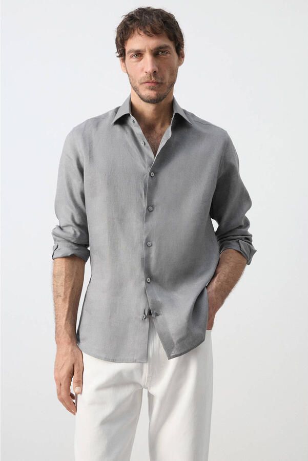 Mango Man linnen slim fit overhemd antraciet