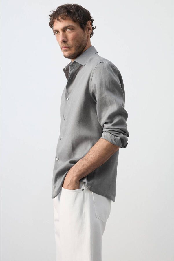Mango Man linnen slim fit overhemd antraciet - Foto 3