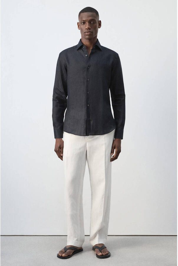 Mango Man linnen slim fit overhemd donkerblauw