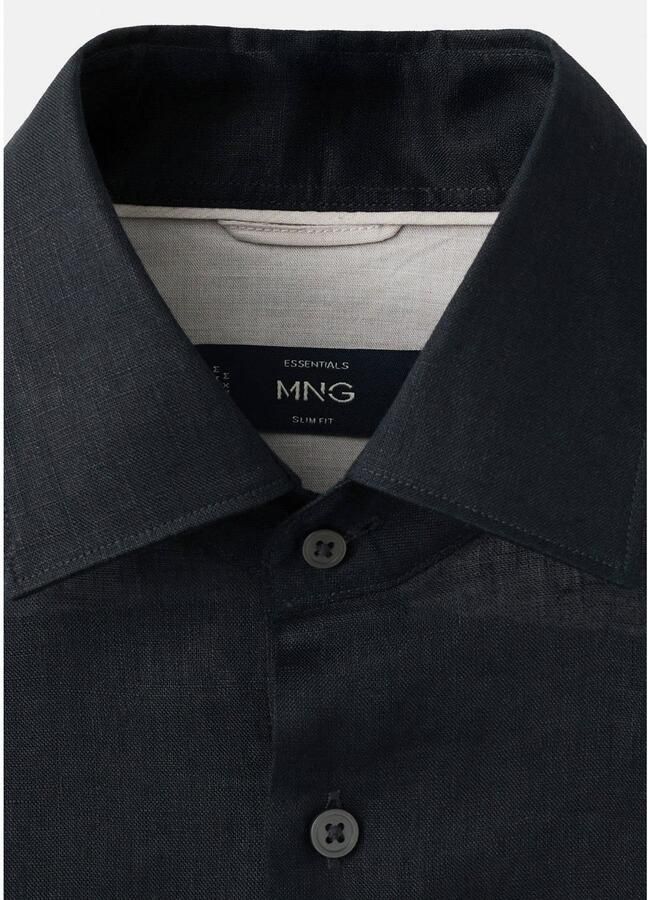Mango Man linnen slim fit overhemd donkerblauw - Foto 2