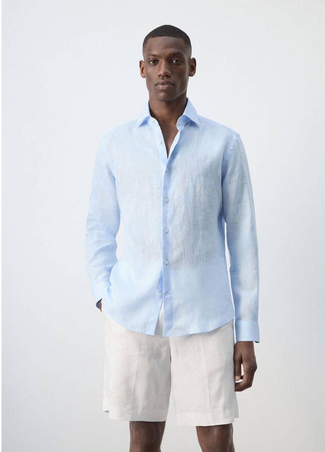 Mango Man linnen slim fit overhemd lichtblauw