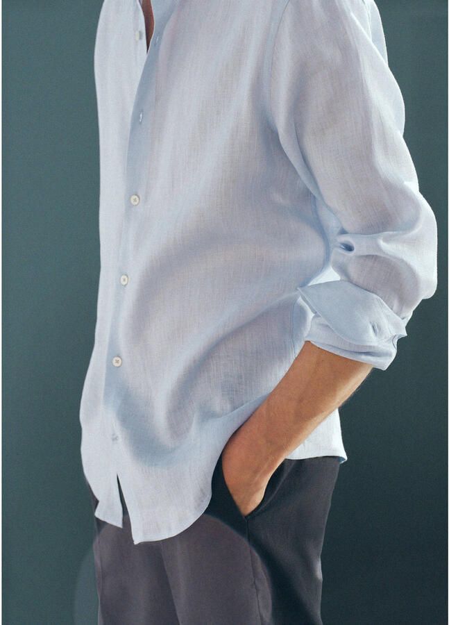 Mango Man linnen slim fit overhemd lichtblauw - Foto 2