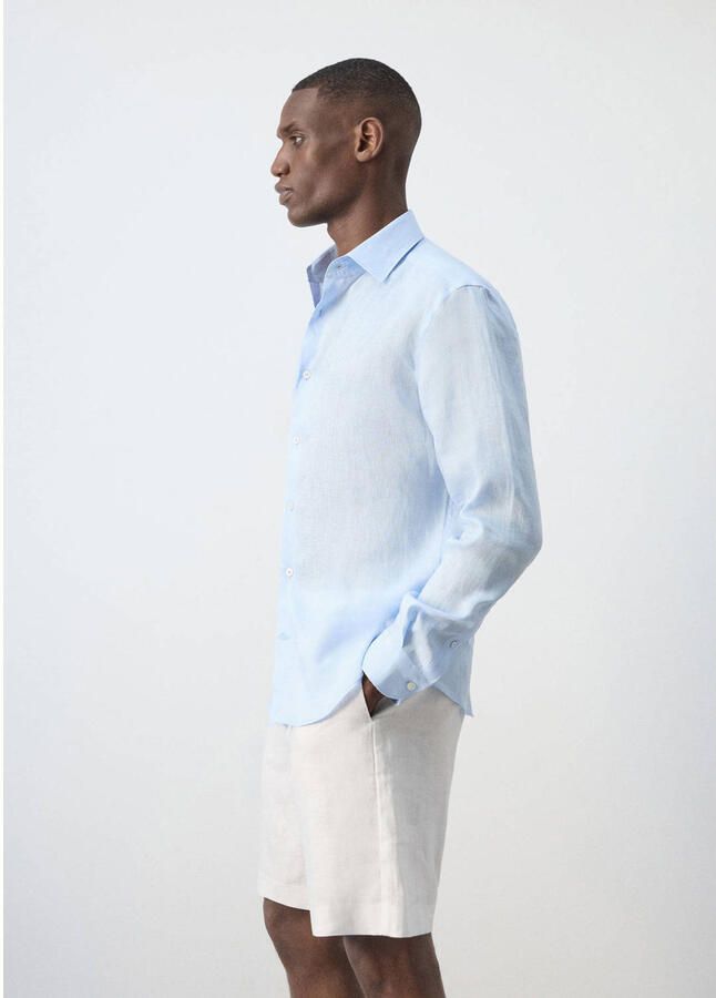Mango Man linnen slim fit overhemd lichtblauw - Foto 3
