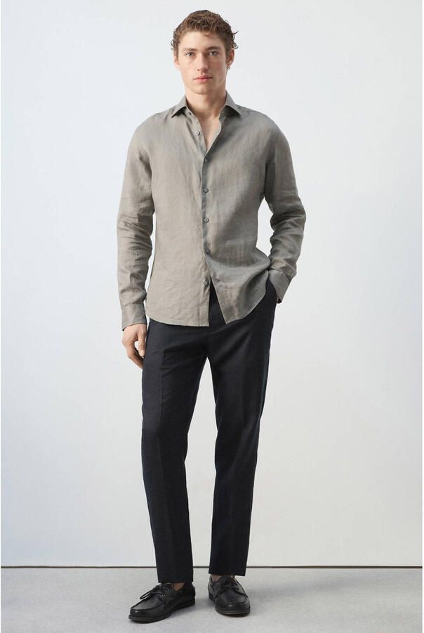 Mango Man linnen slim fit overhemd middenbruin - Foto 3